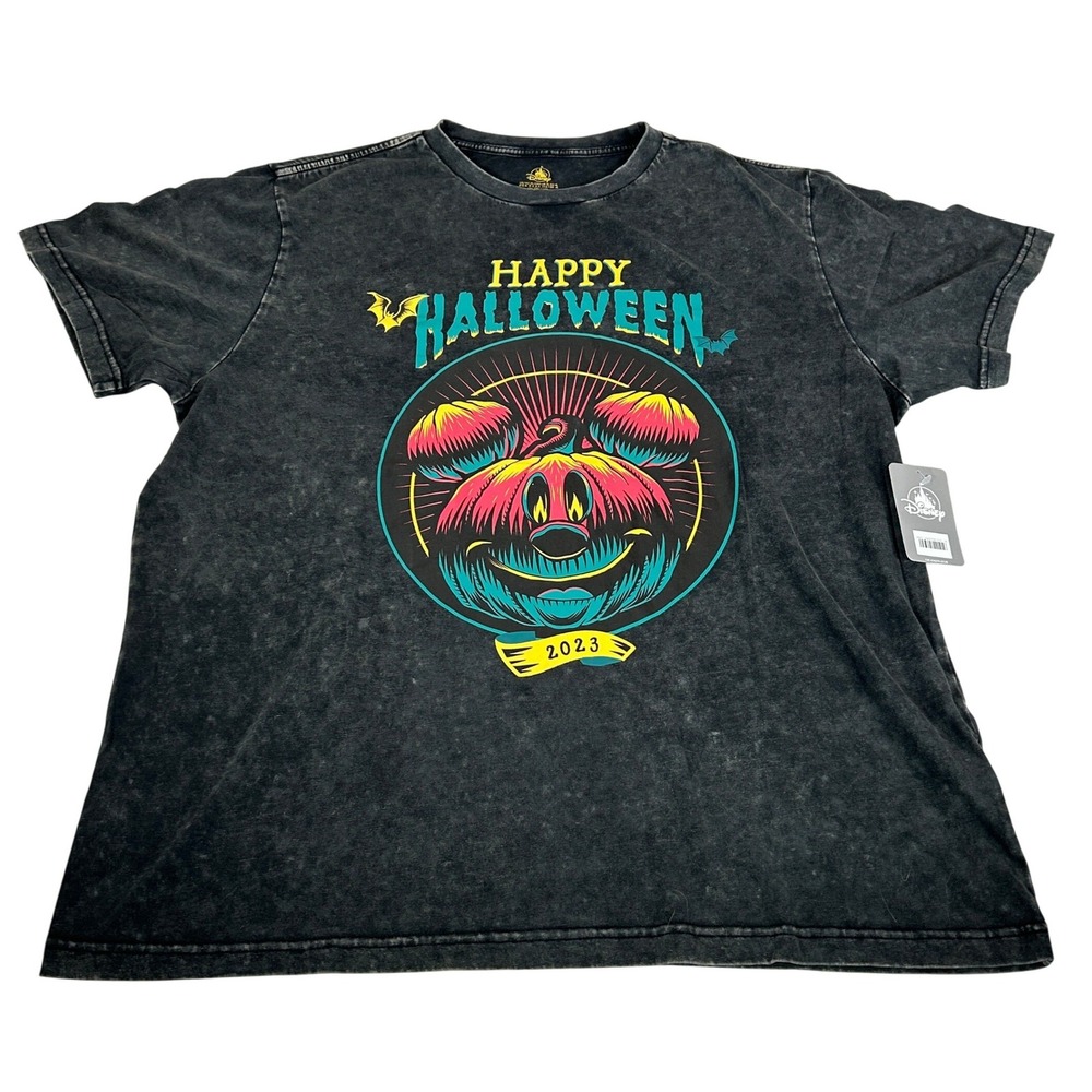 Disney Parks Happy Halloween 2023 Mickey Mouse Pumpkin Acid Wash Shirt XL NEW